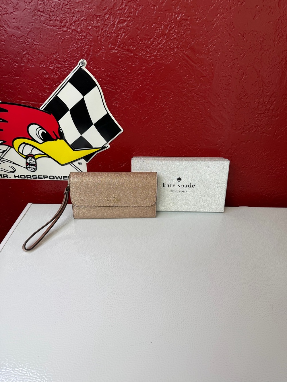 kate spade metallic rose gold glitter wristlet clutch